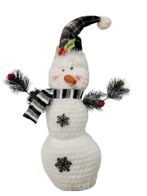 Large Standing Plush Snowman with Snowflake – 23" Black & White Buffalo Plaid