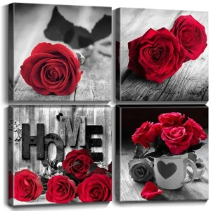 Red Wall Decor for Bedroom & Bathroom – Black and White Canvas Art Set